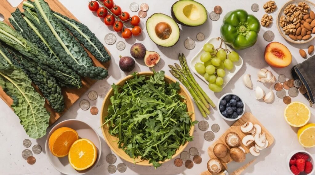 Overhead view of Mediterranean produce including kale, arugula, tomatoes, avocado, grapes, asparagus, mushrooms, citrus, berries, nuts, and garlic spread across a table.