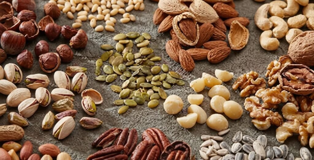Assorted nuts and seeds spread across a textured surface, including almonds, cashews, pistachios, walnuts, hazelnuts, pecans, pumpkin seeds, sunflower seeds, and macadamias.