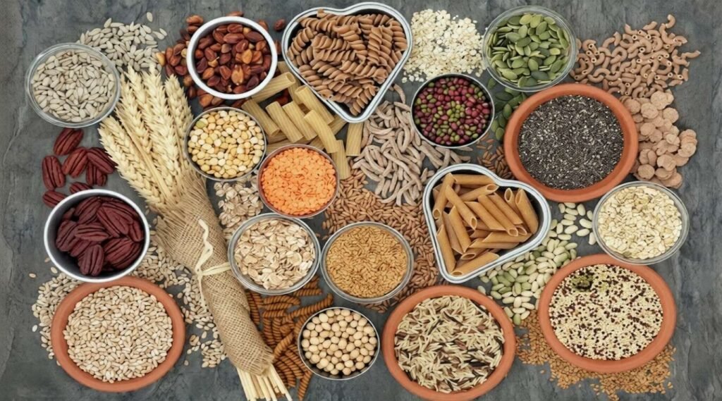 Overhead arrangement of whole grains, beans, seeds, oats, pasta, and wheat in bowls and scattered across a stone surface.