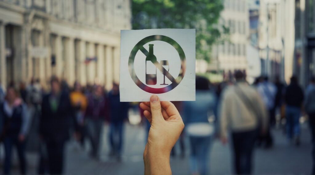 Hand holding a no-alcohol sign in a city street.
Represents limiting alcohol within a balanced Mediterranean diet lifestyle.
