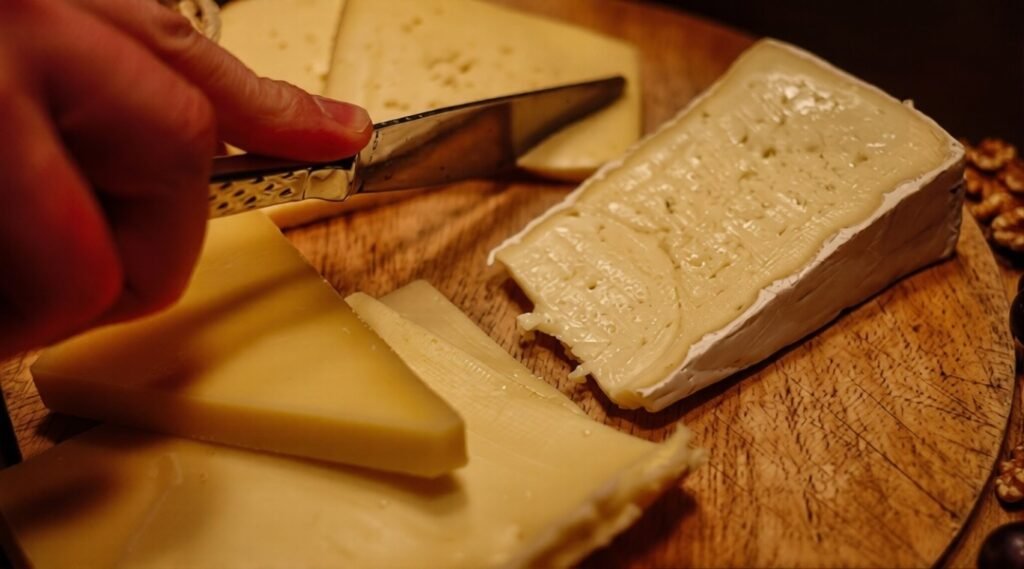 Close-up of sliced cheeses and soft cheese on a wooden board.
Represents processed dairy products to limit in Mediterranean-style eating.