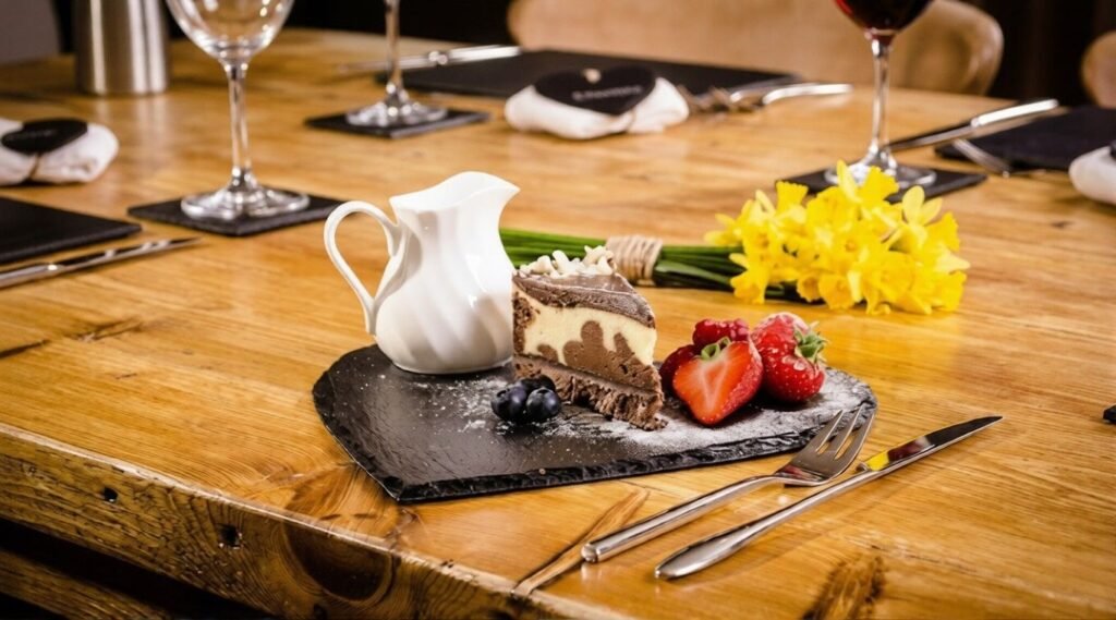 Slice of chocolate cake served with berries on a table.
Represents processed desserts and packaged foods to limit regularly.
