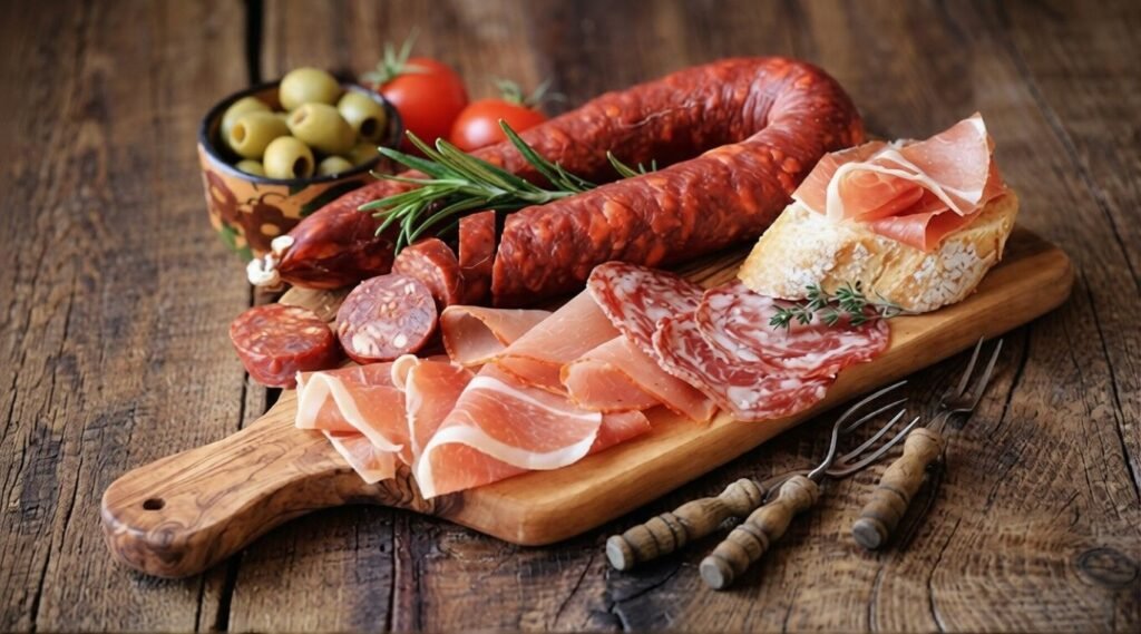 Charcuterie board with sliced salami, prosciutto, sausage, olives, and bread.
Represents processed meats and foods to limit in Mediterranean-style eating.