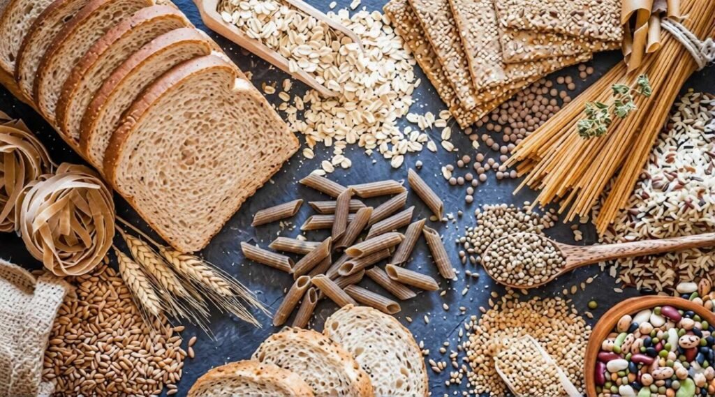 Assorted breads, pasta, crackers, rice, and grains spread on table.
Represents refined grains discussed as foods to limit regularly.