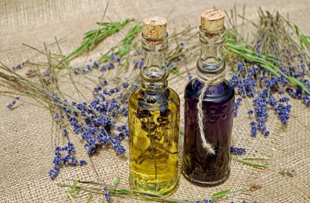 Two glass bottles of oil placed on rustic woven fabric.
Suggests comparing processed oils with healthier Mediterranean oil choices.