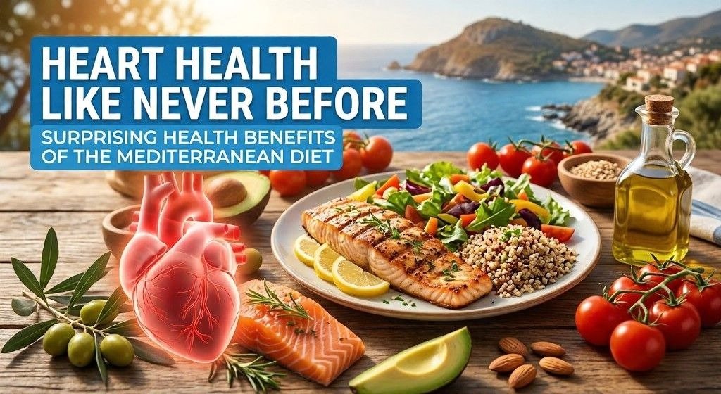 Mediterranean meal with salmon, salad, grains, olive oil, and heart graphic.
Text reads: Heart Health Like Never Before with Mediterranean diet benefits.