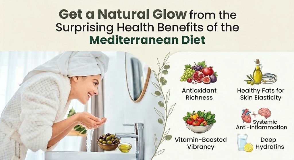 Woman washing face beside Mediterranean foods and skin-health benefit icons.
Text promotes a natural glow through Mediterranean diet choices.