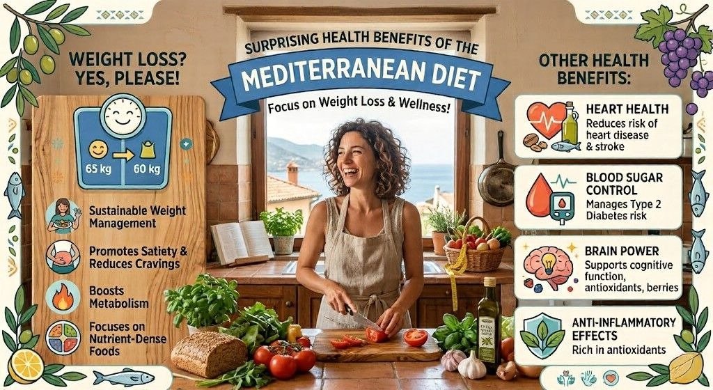 Infographic-style kitchen scene shows woman preparing Mediterranean foods for weight loss.
Text highlights satiety, metabolism, nutrient density, and related health benefits.