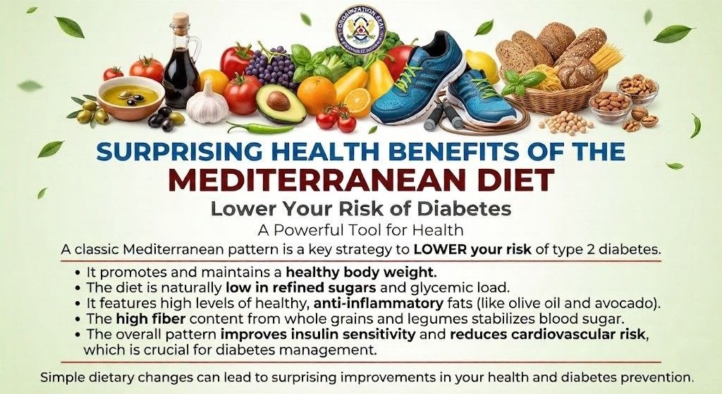 Infographic on Mediterranean diet and diabetes risk with healthy foods.
Text highlights blood sugar control, fiber, healthy fats, and prevention.