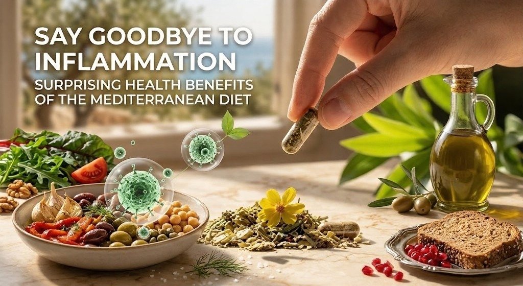Mediterranean foods, olive oil, and herbs accompany an anti-inflammation message.
Text promotes reducing inflammation through everyday Mediterranean diet choices.