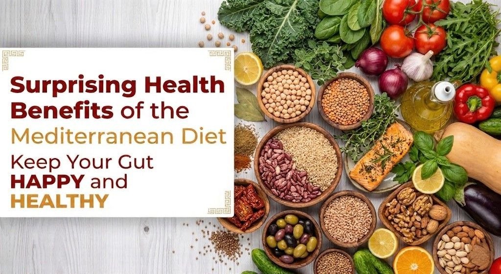 Mediterranean diet graphic shows grains, beans, vegetables, fish, and olive oil.
Text emphasizes gut health and keeping digestion happy and healthy.