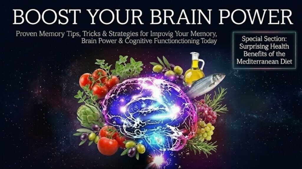 Brain graphic surrounded by Mediterranean foods on a dark background.
Text highlights brain power and Mediterranean diet cognitive benefits.
