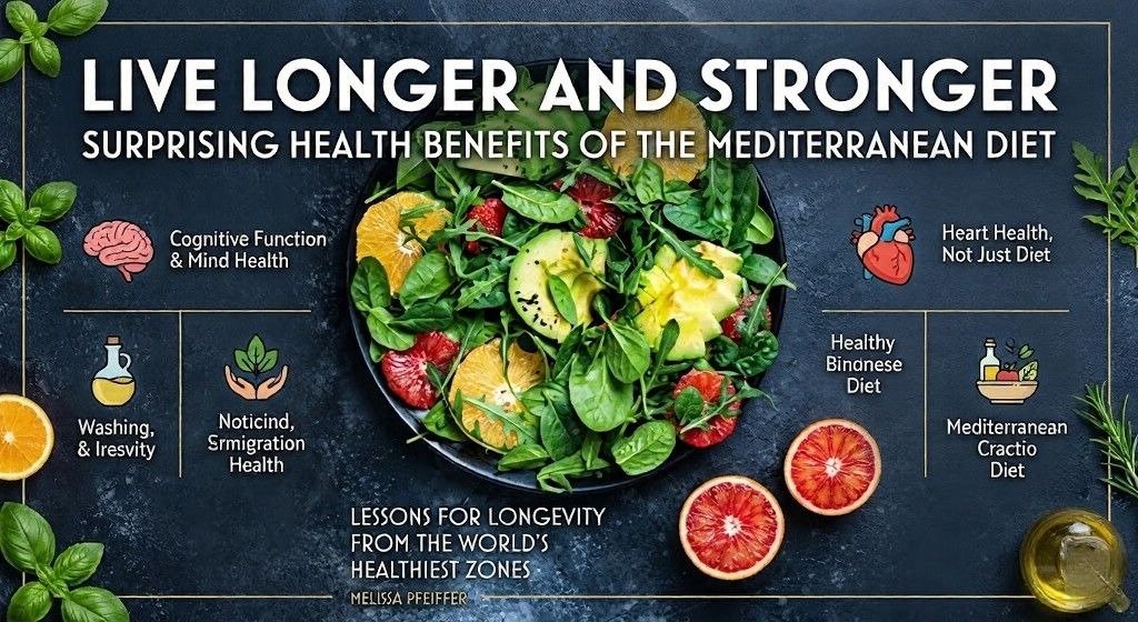 Mediterranean salad bowl and icons illustrate healthy ageing and longevity.
Text promotes living longer and stronger through Mediterranean diet benefits.