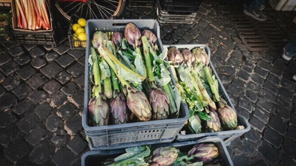 Crates of fresh Roman artichokes at a market, with cobblestones, lemons, and rhubarb nearby.