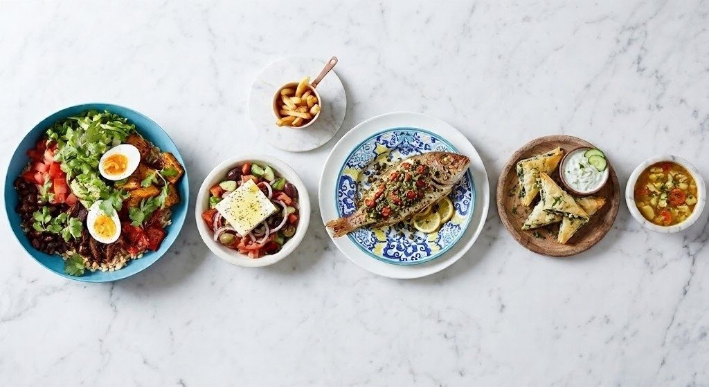 Mediterranean-style meal spread with salad, fish, pastries, and soup.
Illustrates varied, filling foods that can support lower calorie density.
