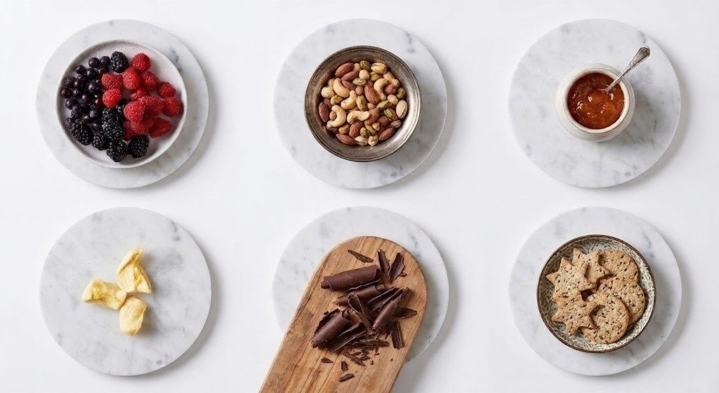 Overhead image compares berries, nuts, jam, dried fruit, chocolate, crackers.
Shows how food volume differs across snacks with varying calorie density.