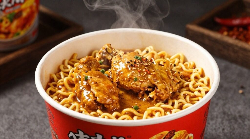 Steaming chicken curry noodles fill a red cup on the table.
Tender chicken pieces sit over curly noodles in rich broth.