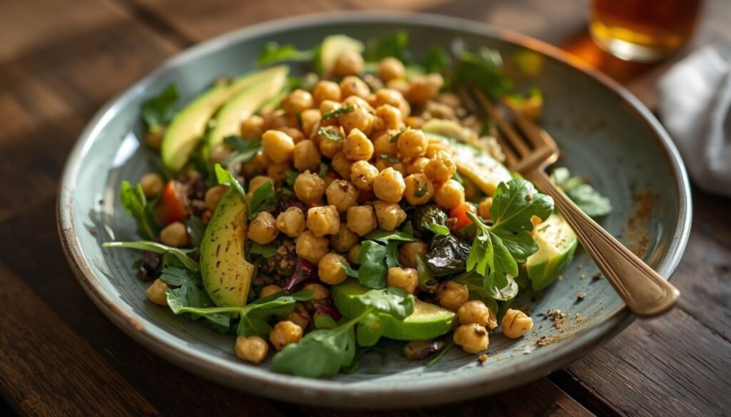 Chickpea and avocado salad sits in a shallow bowl with greens.
A fork rests beside the fresh Mediterranean-style lunch.