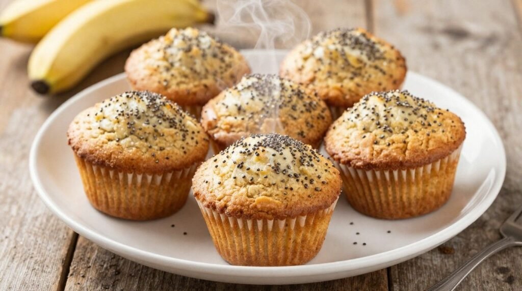 Six banana protein muffins sit on a white plate.
Fresh bananas in the background suggest a warm, wholesome snack.