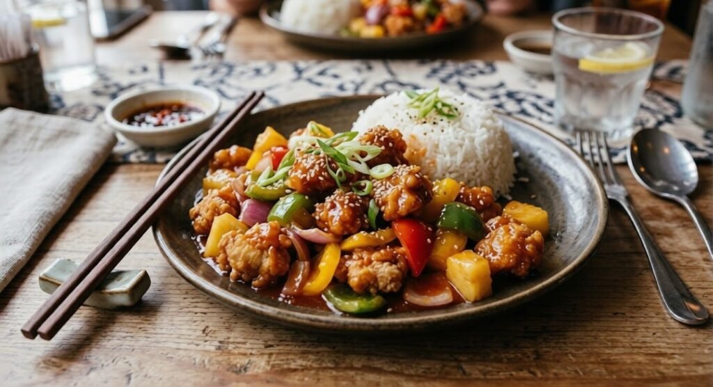 Sweet and sour chicken is served with rice on a plate.
Colorful peppers, onions, and sauce create a vibrant meal.