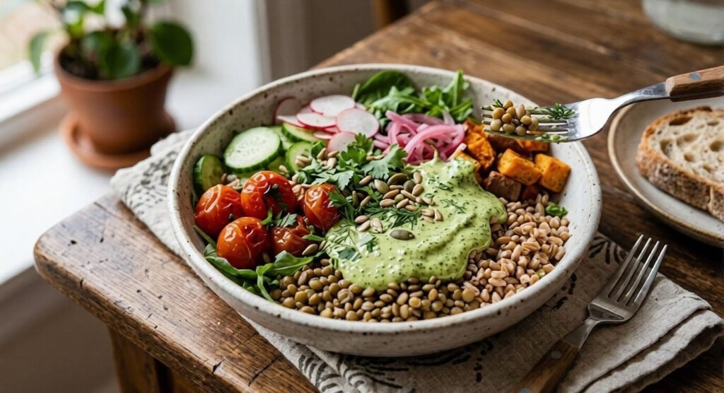 A grain bowl holds lentils, farro, vegetables, and green sauce.
Tomatoes, cucumbers, and seeds add color and texture.