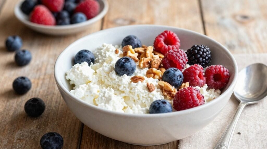 Bowl of cottage cheese topped with blueberries, raspberries, and nuts.
Set on a wooden table with a spoon and extra berries.