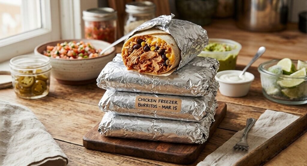 Foil-wrapped chicken freezer burritos are stacked on a wooden board.
One cut burrito shows chicken, beans, corn, and melted cheese.