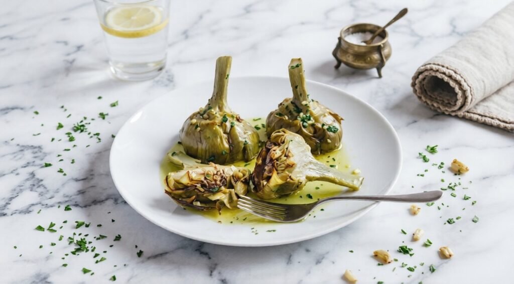 Cooked Roman-style artichokes sit on a white plate with olive oil, herbs, and a fork on a marble table.
