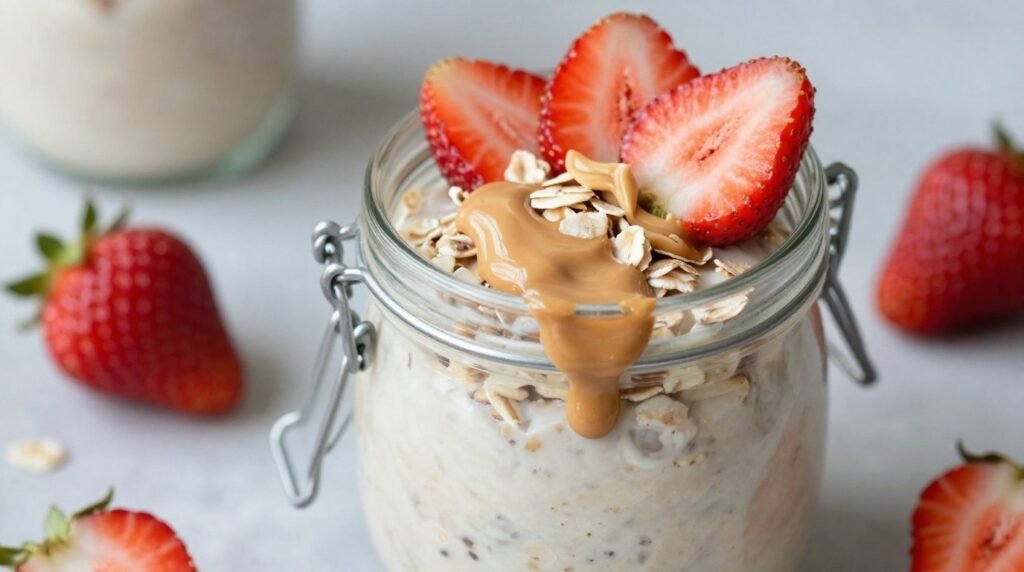 Jar of overnight oats topped with strawberries, oats, and peanut butter.
Set on a light surface with fresh strawberries in view.