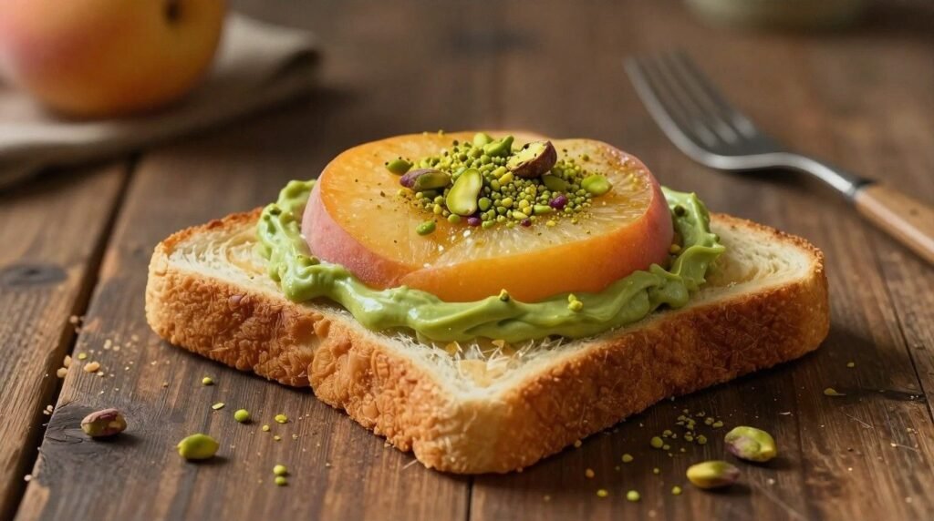 Slice of toast topped with peach and crushed pistachios.
Served on a rustic wooden surface with a fork nearby.