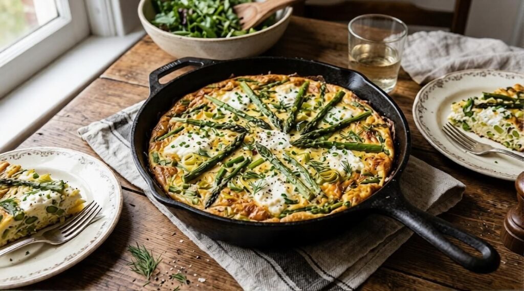 Skillet frittata topped with asparagus, leeks, and dollops of ricotta.
Served on a rustic table with plated slices and salad.