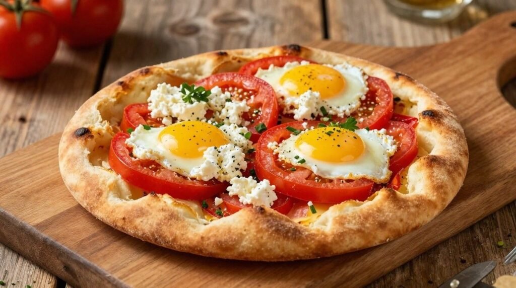 Breakfast pita topped with eggs, tomato slices, and crumbled feta.
Served on a wooden board over a rustic table.