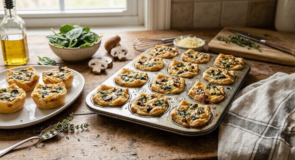 Muffin tin filled with spinach and mushroom mini quiches.
Extra baked quiches sit on a plate beside rustic ingredients.