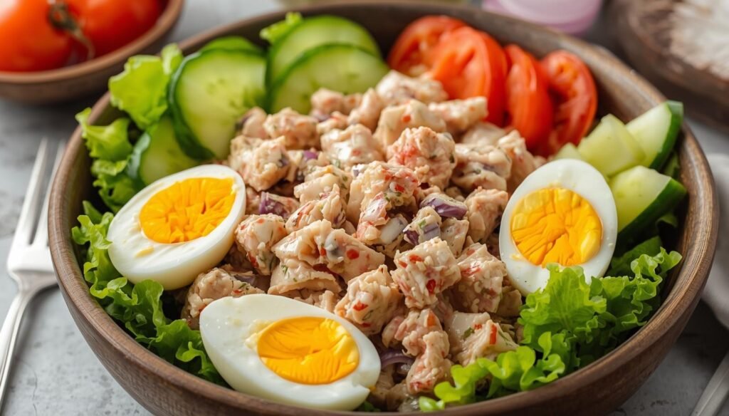 Bowl of tuna salad with boiled eggs, cucumbers, and tomatoes.
Fresh lettuce base with creamy tuna mixture and sliced vegetables.