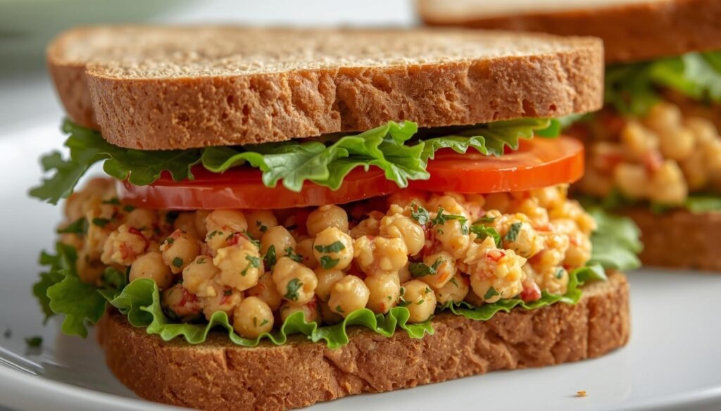 Chickpea salad sandwich with lettuce, tomato, and whole wheat bread.
Creamy chickpea filling layered with fresh vegetables in a hearty sandwich.