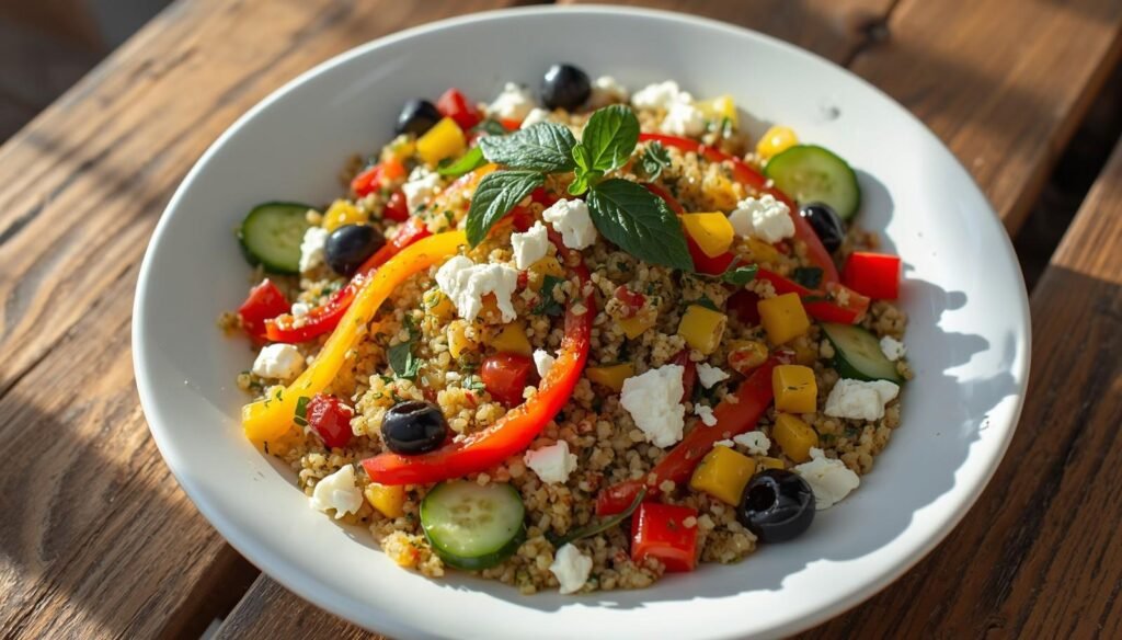 Mediterranean quinoa salad with peppers, cucumbers, olives, and feta.
Served in a white bowl with fresh herbs and colorful vegetables.