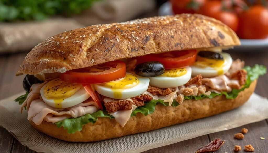 Pan Bagnat with tuna, eggs, tomatoes, olives in crusty baguette
Classic French sandwich layered with fresh vegetables and olive oil dressing