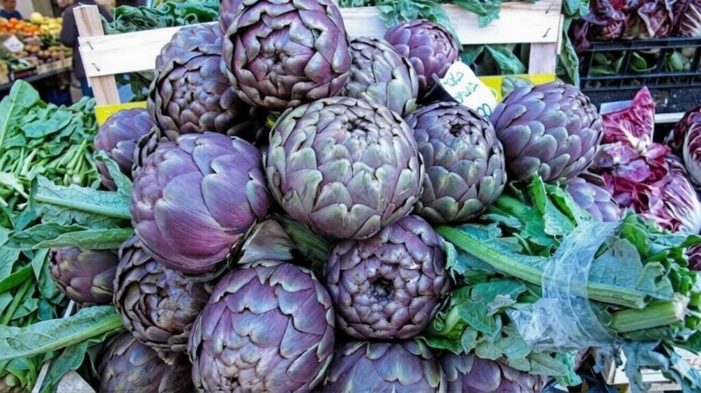 Close-up of fresh purple artichokes stacked at an outdoor market stall with leafy stems attached.