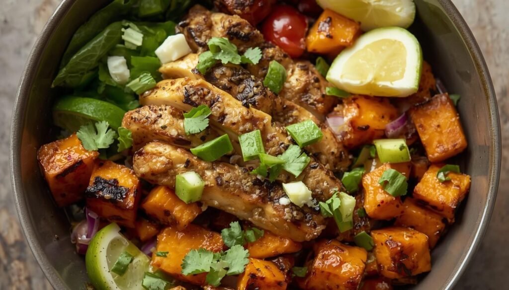 Bowl with seasoned chicken, roasted sweet potatoes, and fresh toppings.
Garnished with herbs, lime wedges, and mixed vegetables on greens.