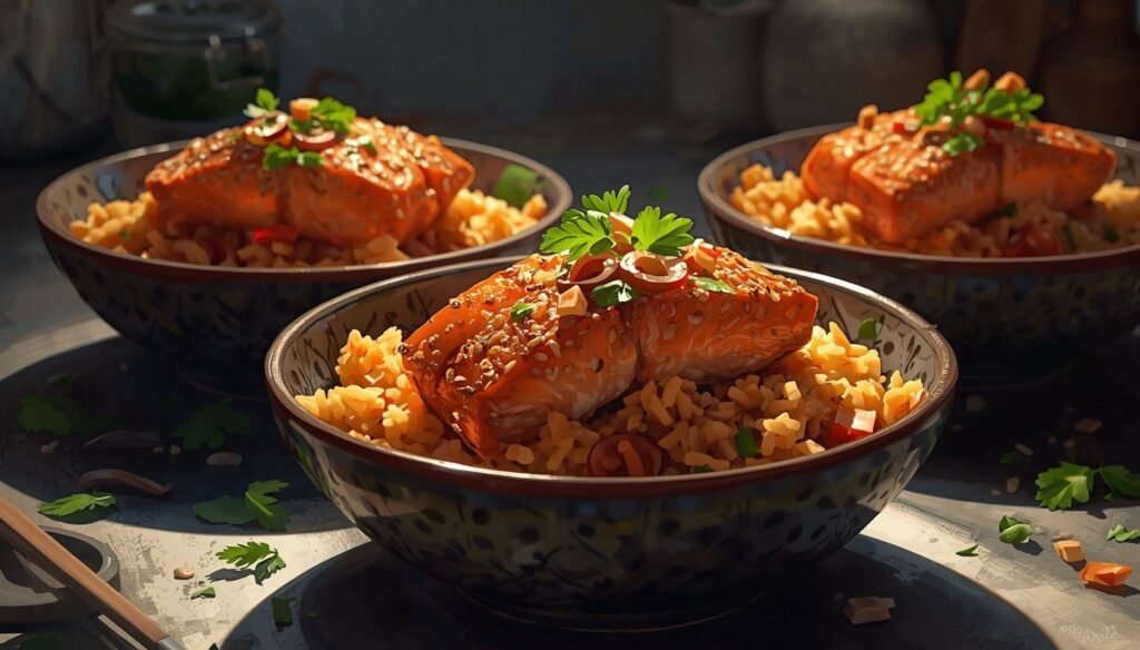 salmon bowl with crispy rice topped with herbs and sesame seeds
Flaked salmon served over golden crispy rice with fresh garnish
