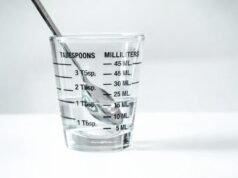 How Many mL in a Teaspoon? Glass measuring cup filled with water showing tablespoon and milliliter measurements with a metal spoon inside