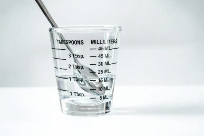 Glass measuring cup filled with water showing tablespoon and milliliter measurements with a metal spoon inside