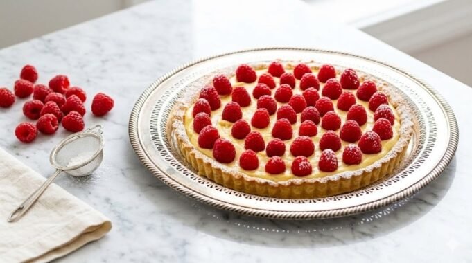 Whole French raspberry tart with pastry cream on marble surface with fresh berries nearby.