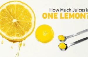 How Much Juice in One Lemon? Sliced lemon with dripping juice, a small bowl of lemon juice, and measuring spoons showing how much juice comes from one lemon.
