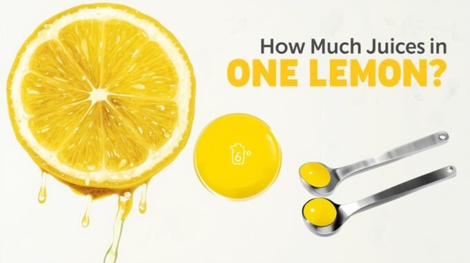 Sliced lemon with dripping juice, a small bowl of lemon juice, and measuring spoons showing how much juice comes from one lemon.
