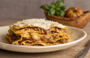 Lasagna al forno alla bolognese Layered lasagna al forno alla bolognese with ragù, béchamel, and parmesan cheese