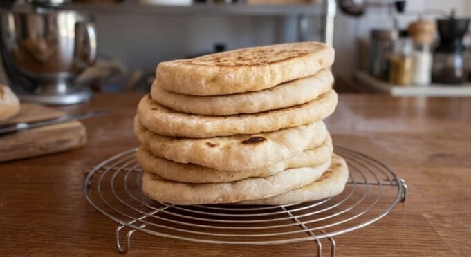 Home-made Bazlama Turkish Flatbread Made Easy Stack of homemade bazlama Turkish flatbreads on cooling rack in kitchen