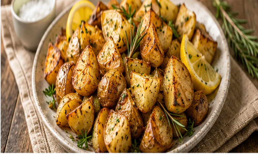 Roasted Mediterranean potatoes with garlic, herbs, olive oil, and lemon wedges
