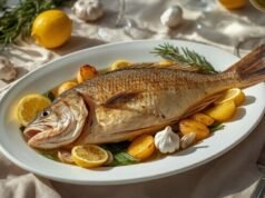 Roasted Branzino (Mediterranean Sea Bass) Whole roasted branzino with lemon slices, garlic, rosemary, and golden potatoes.