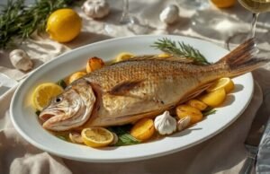 Roasted Branzino (Mediterranean Sea Bass) Whole roasted branzino with lemon slices, garlic, rosemary, and golden potatoes.